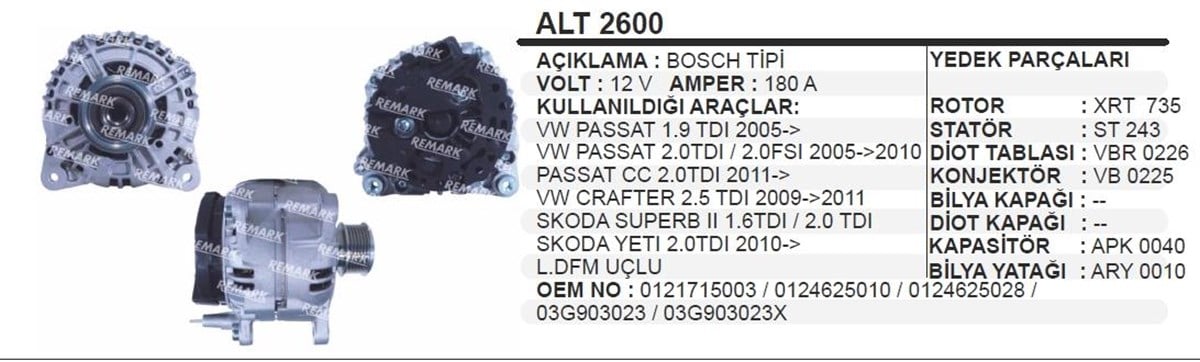 Alternatör 12v 180ah Vw Passat Crafter T5 07 Wutse-11221 | Ithal T2600