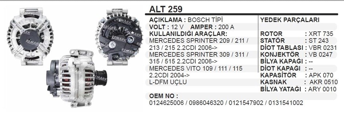 Alternatör 12v 200ah Mercedes Sprinter Alt259 | Ithal T259