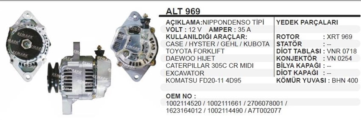 Alternatör 12v 35ah Case Hyster Cely Kubato Toyota Forklift Onan Jeneratör Jenaratör Daewoo Hıjet Caterpıller Excavatör Komatsu | Wınwın Alt969