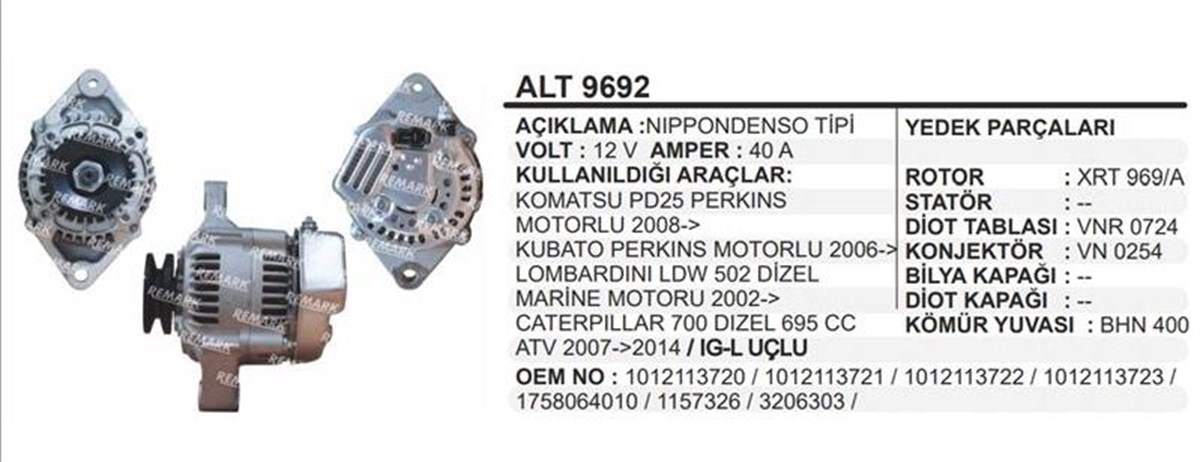 Alternatör 12v 40ah Komatsu Perkins Motorlu Kubota Lombardini Ldw502 Dizel Marine Motorlu Daihatsu | Remark Alt9692