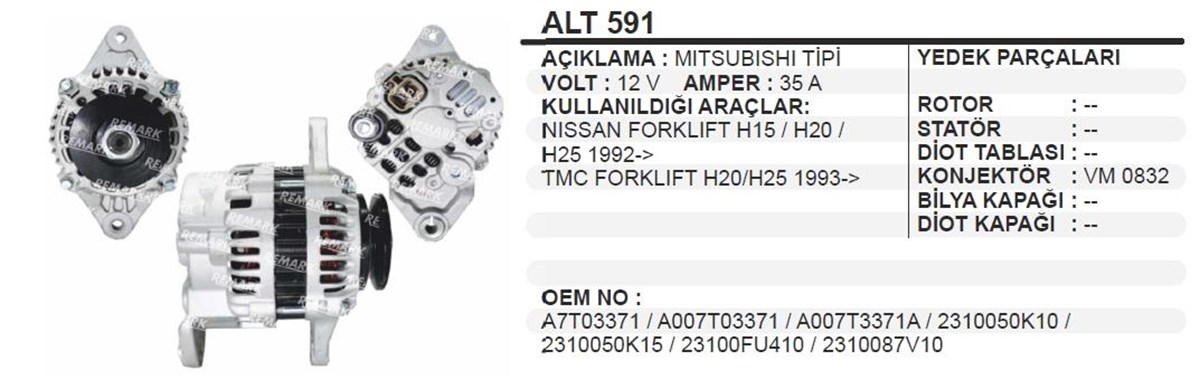 Alternatör 12v 40ah Suzuki Carry Nıssan Forklıft H15 H20 H25 Tcm Forklıft H20 H25 1993 Alt591 | Wınwın Alt591