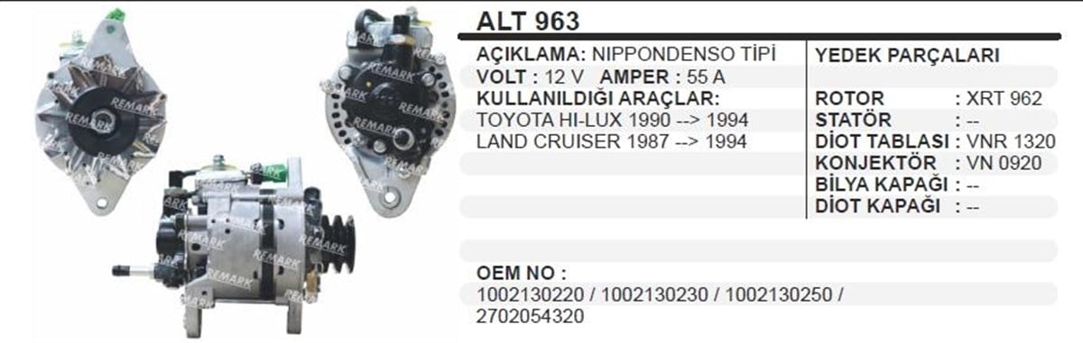 Alternatör 12v 55ah Toyota Hılux Ym Vakumlu Alt963 | Dodo Alt963