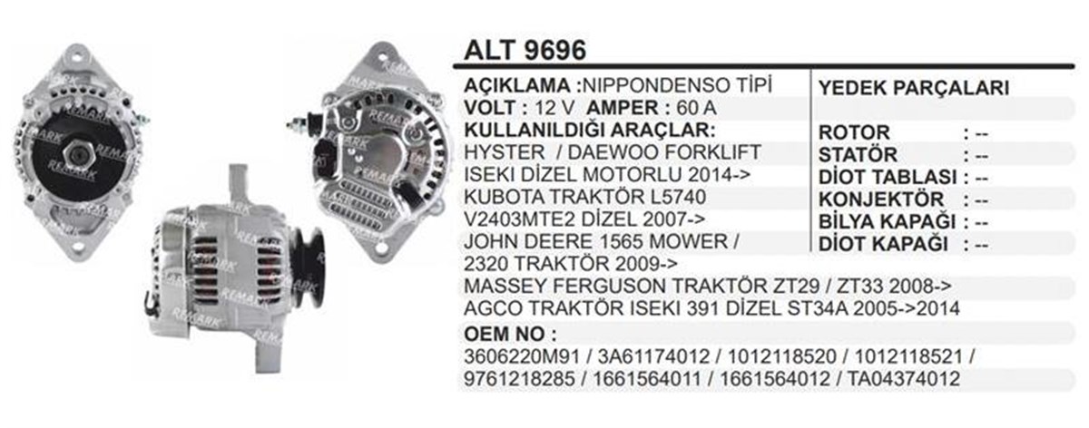 Alternatör 12v 60ah Hyster Forklift Kubota Traktör Daewoo Johndeere 1565 Massey Ferguson Agco | Remark Alt9696