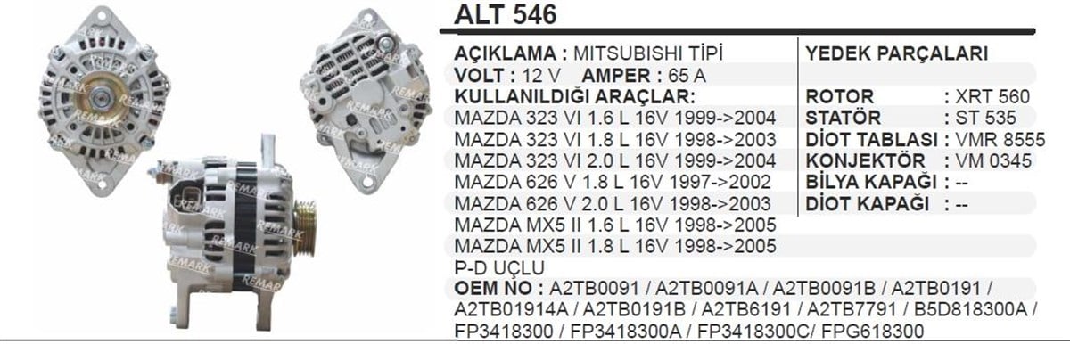 Alternatör 12v 65ah Mazda 323 626 Mx5 Alt546 | Aes Alt546