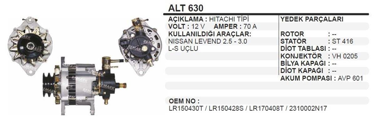 Alternatör 12v 70ah Bmc Levent Nissan Tata 2fişli (büyük Vakum) Kare Soket Alt630 | Schenna Alt630