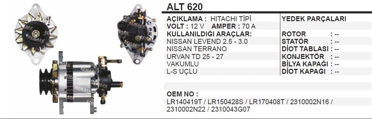 Alternatör 12v 70ah Bmc Levent Nissan 2.5 Tata 2fişli (küçük Vakum) Kare Soket | Aes Alt620-oem