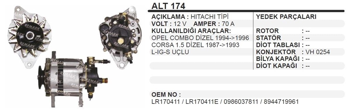 Alternatör 12V 70AH Isuzu Nkr Opel Combo Corsa 1.5 ALT174 | WINWIN ALT174