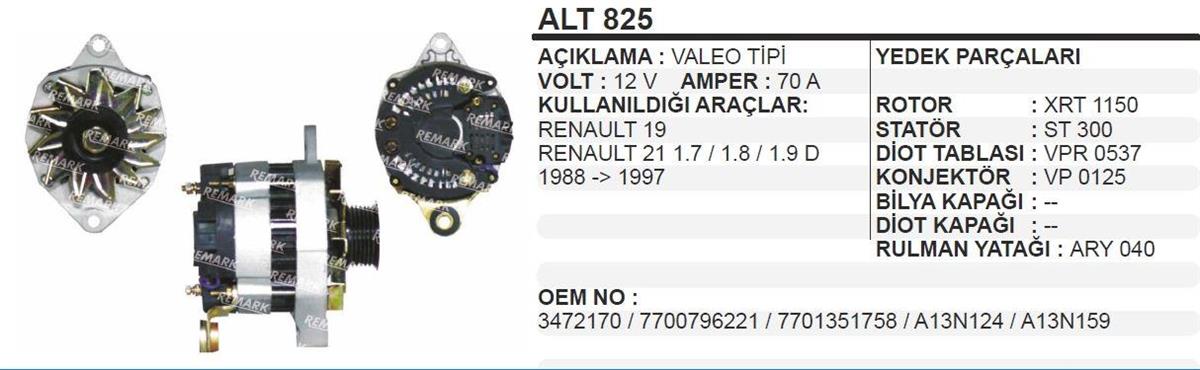 Alternatör 12V 70Ah Renault R19 R21 Alt825 Magneti Marelli 944390379010 Waı 14895R