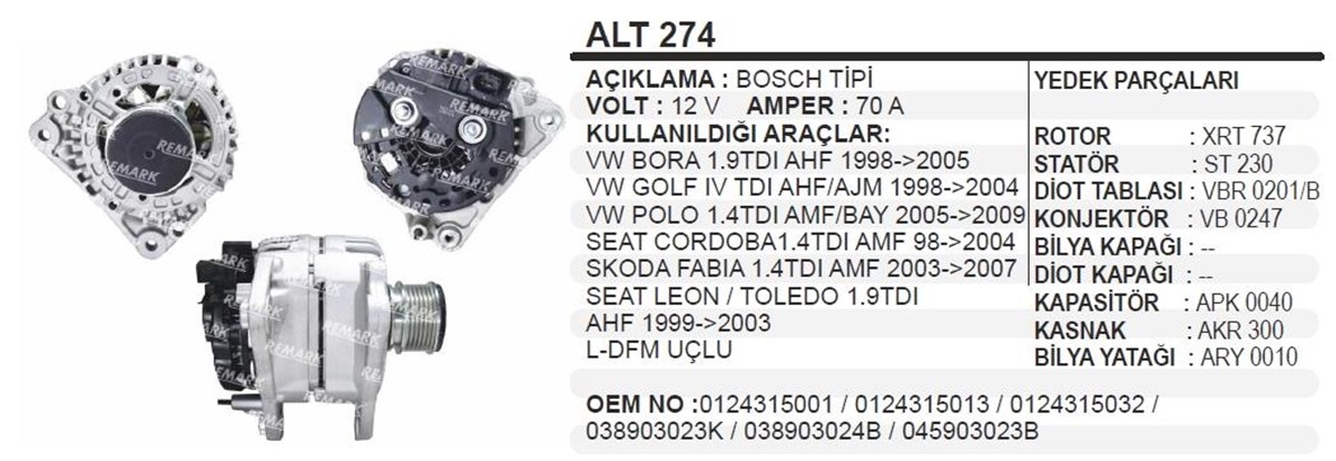 Alternatör 12v 70ah Vw Bora Golf Iv Seat Skoda Alt274 | Ithal T274