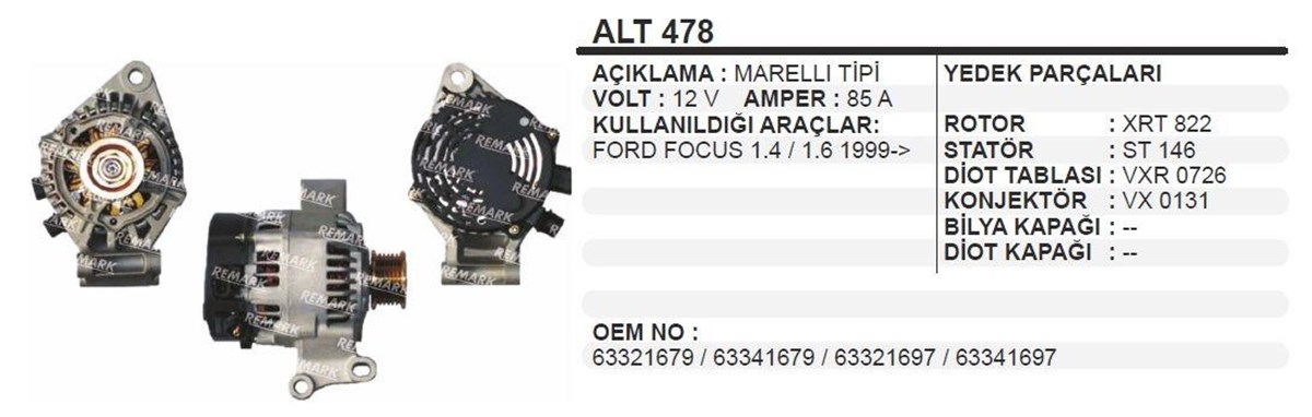 Alternatör 12v 80ah (revizyon) Ford Focus 1.6  Alt478 | Ithal T478r