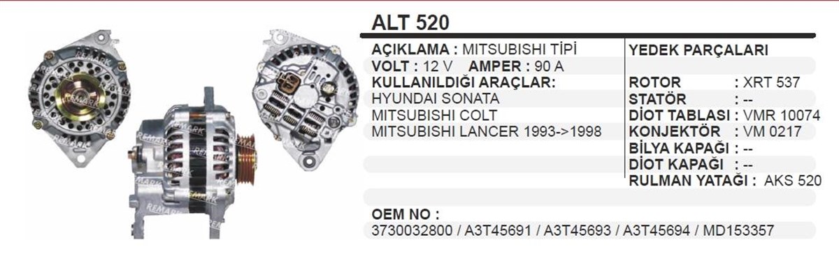 Alternatör 12V 90AH 4KANALLI Hyundai Sonata/lancer 93-99 Model | DODO ALT520