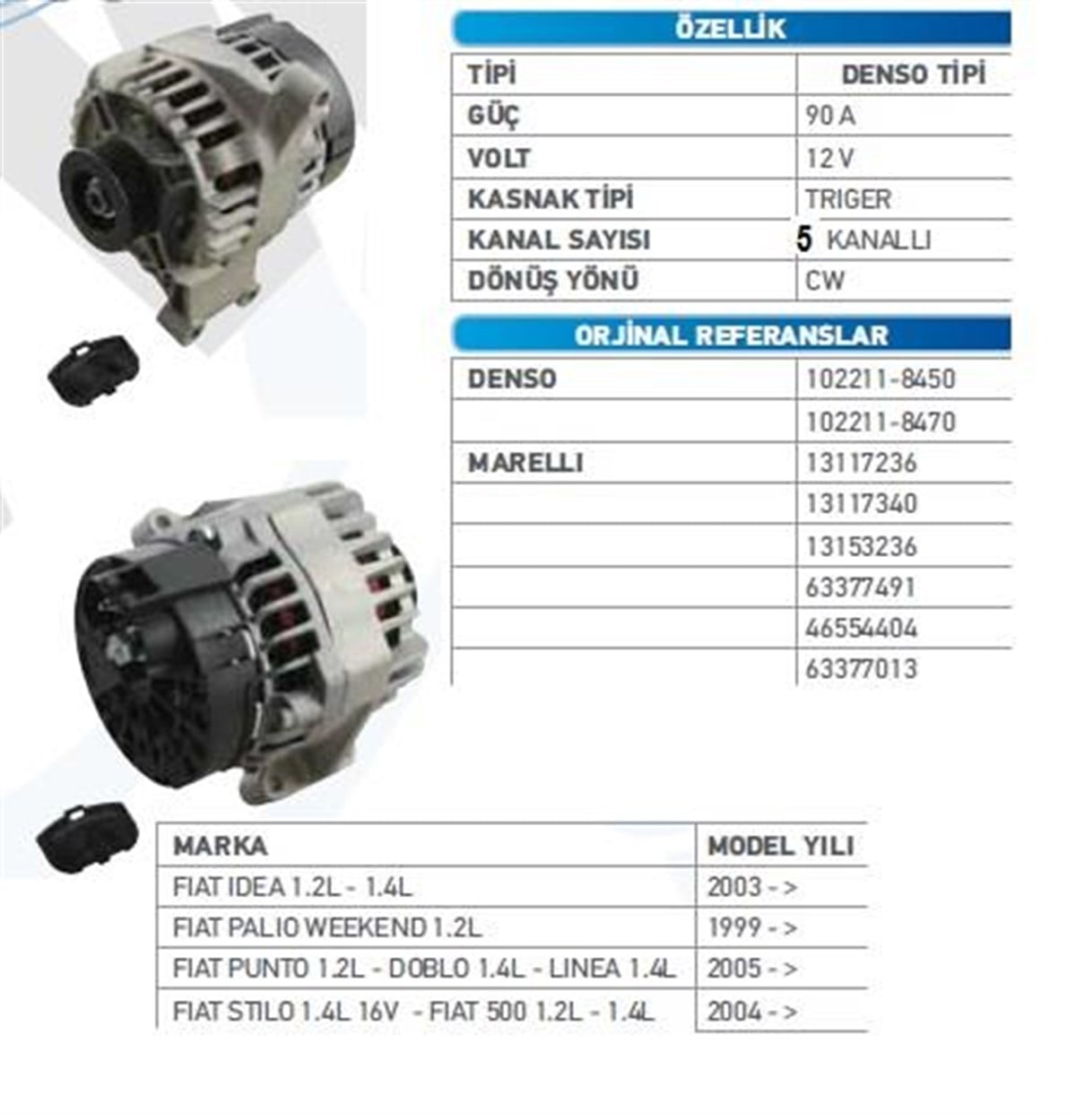 Alternatör 12v 90ah Denso Tip Fiat 1.2 Wutsealt24019-olarak Var-105amper İdea Palio Punto Doblo | Wutse Alt23800
