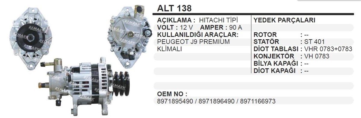 Alternatör 12V 90AH Pejo J9 Premium Klimalı Tek Fişli | WINWIN ALT138