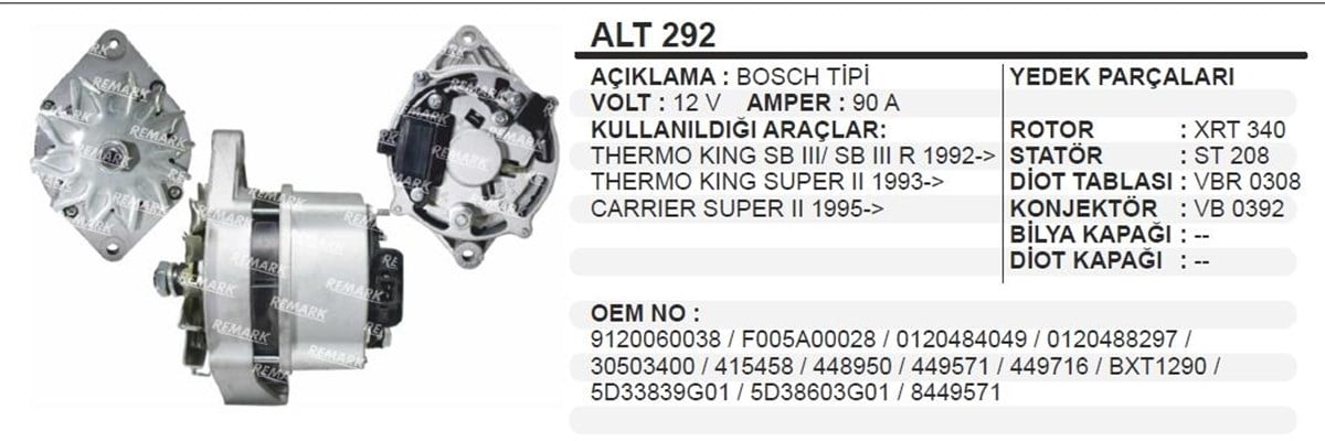Alternatör 12v 90ah Thermoking (l-s-soketli) Johndeere Alt292 Bmc Dev Fatih Profesyonel | Wınwın Alt292