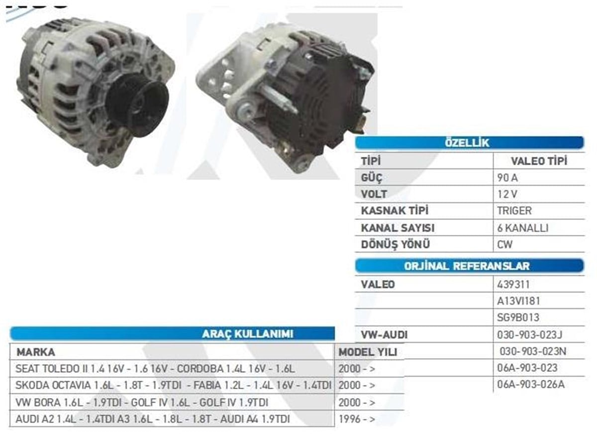 Alternatör 12V 90Ah Vw Audi Seat Skoda Bosch Tip  Alt275