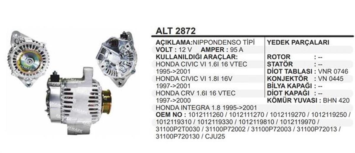 Alternatör 12V 95AH Honda Civic VI 1,6I 16 VTEC 1012111260 ALT2872 | REMARK ALT2872
