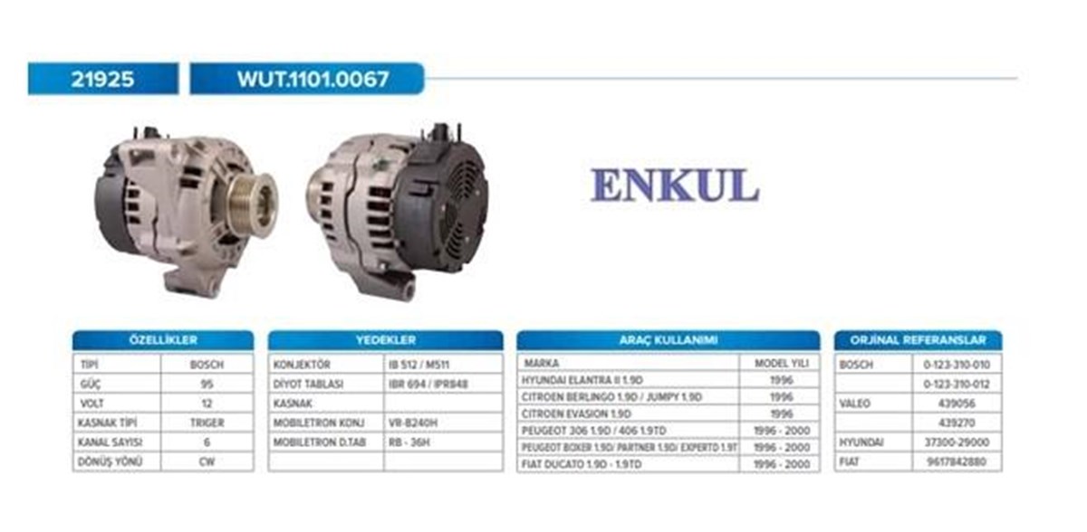 Alternatör 12v 95ah Hyundai Elentra Ducato Boxer | Wutse Alt21925