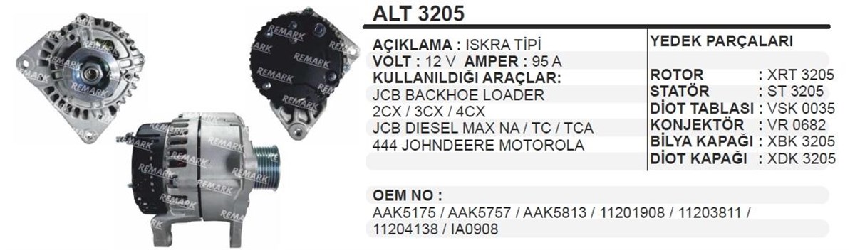 Alternatör 12v 95ah Iskra Jcb 4cx 2007 Jcb Backhoe Loader Johndeere Alt3205 Alt12786n 12786n 11201908 | Ithal T3205