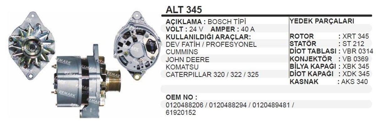 Alternatör 24v 30ah Bmc Dev Fatih Profesyonel Cummıns Johndeere Komatsu Caterpillar 320 322 325 | Remark Alt345