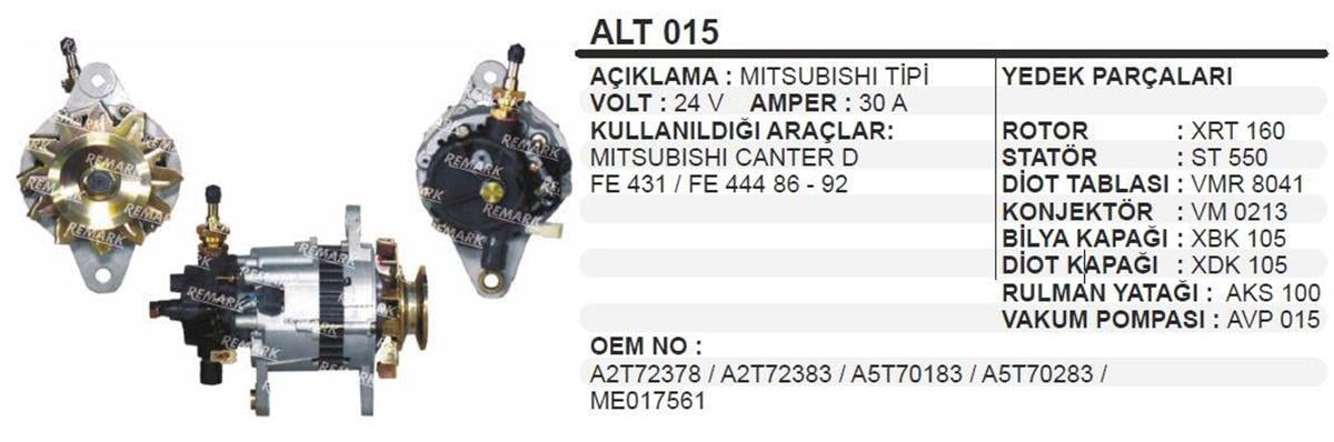 Alternatör 24V 30Ah Mıtsubıshı Canter Alt015 (Rb) Alt015 U Altv016 111344 111758 A002t71983 Wut Alt12551 | Remark Alt015