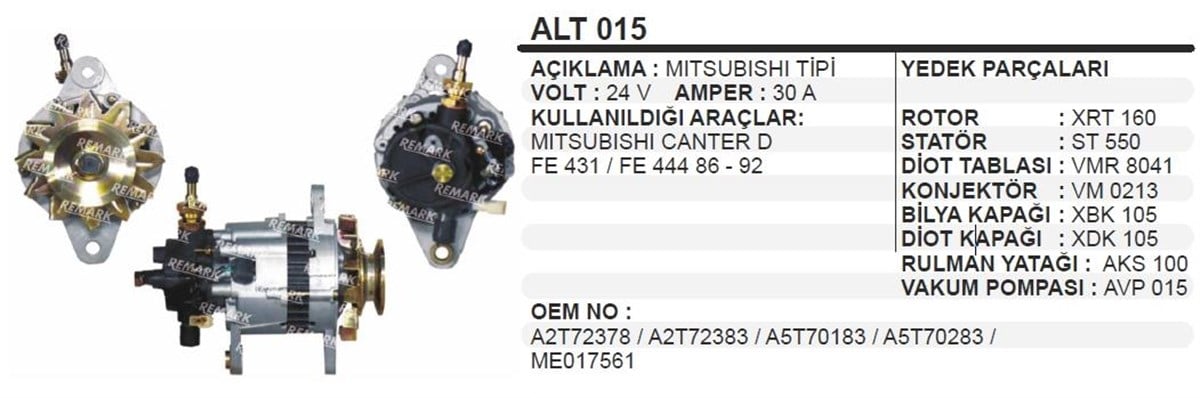 Alternatör 24v 30ah Mıtsubıshı Canter Alt015 (rb)-alt015-u Altv016-111344-111758-a002t71983-wut Alt12551--- | Aes Alt015oem