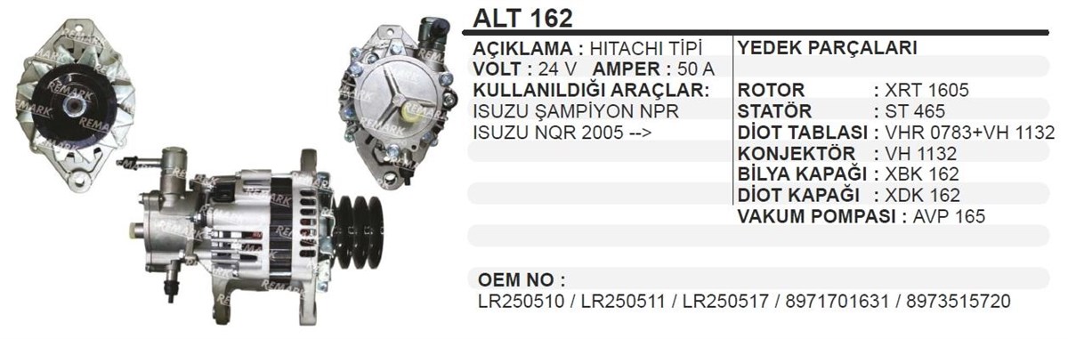 Alternatör 24V 50AH 3KANALLI Isuzu Champion Nqr ALT162 - Tek Fiş | MARTEK ALT162