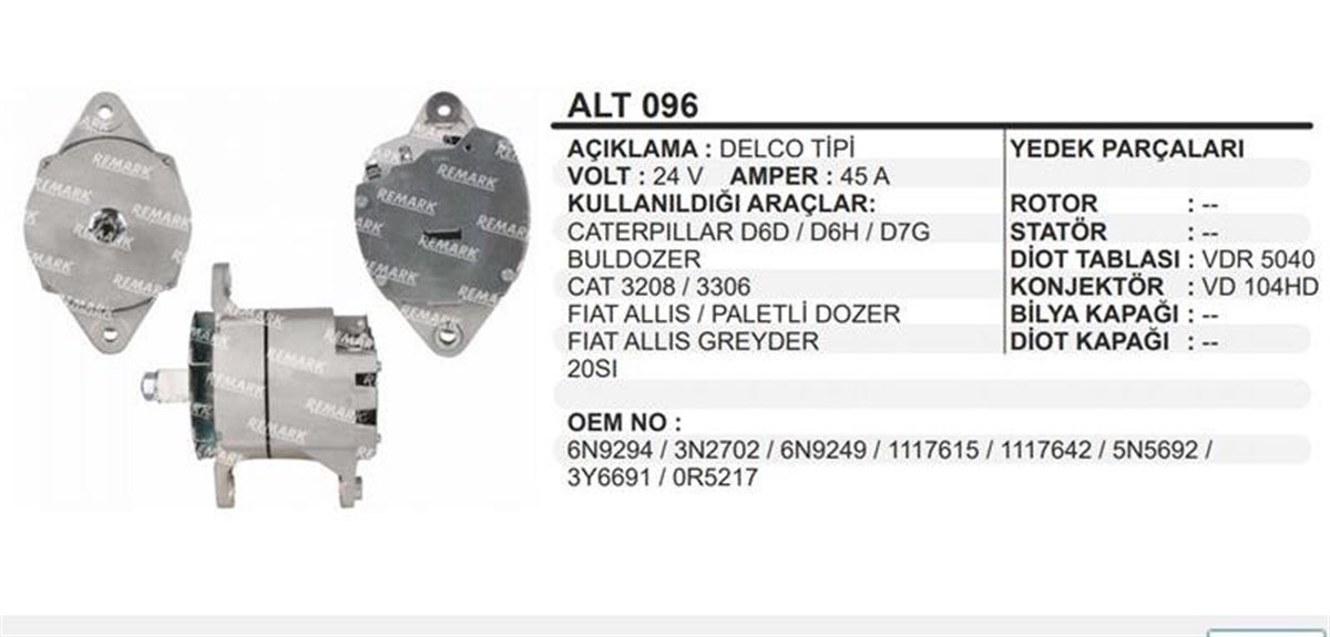 Alternatör 24v 45ah Caterpıllar Fıat Allıs Fıat Allıs Paletli Dozer Grayder İş Makinesi Delco Tip | Remark Alt096