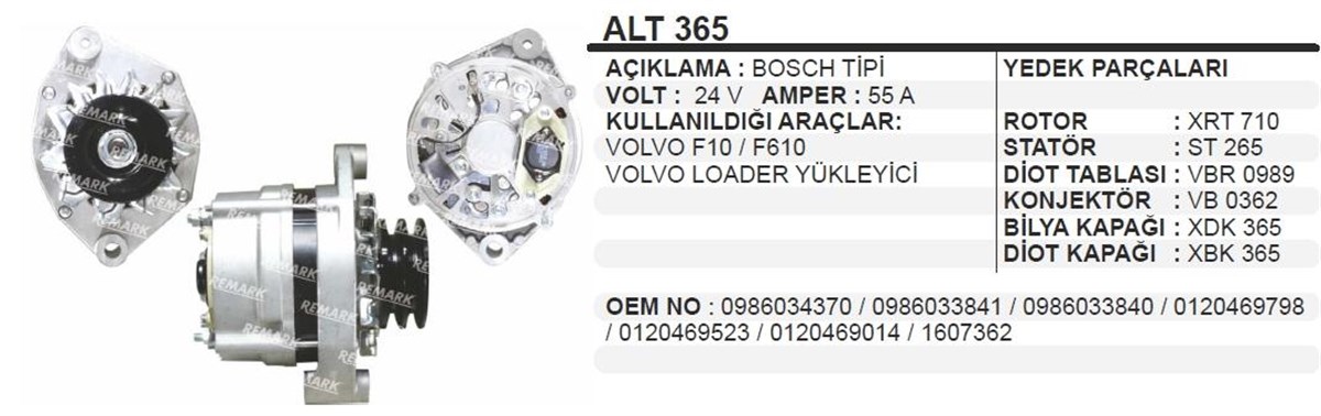 Alternatör 24v 55ah Volvo Penta Deniz Motor Bmc Dev Fatih Ford Cargo Volvo Excavatör/volvo Penta Alt365 | Wınwın Alt365