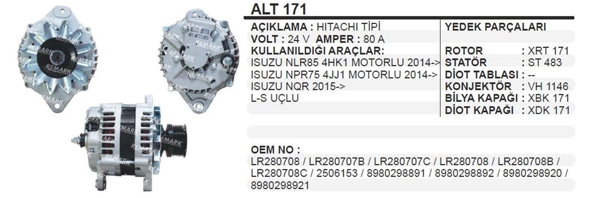 Alternatör 24v 80ah Hitachı Tip Isuzu Nqr Npr Ym (4hk1/4jj1 Motor) | Wınwın Alt3152