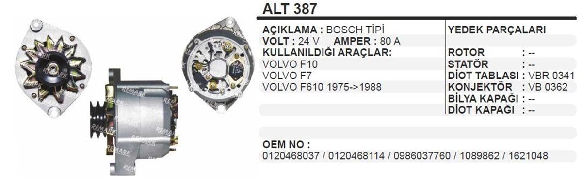 Alternatör 24V 80AH Volvo F10 F7 F610 Iveco Kamyon ALT387 | REMARK ALT387