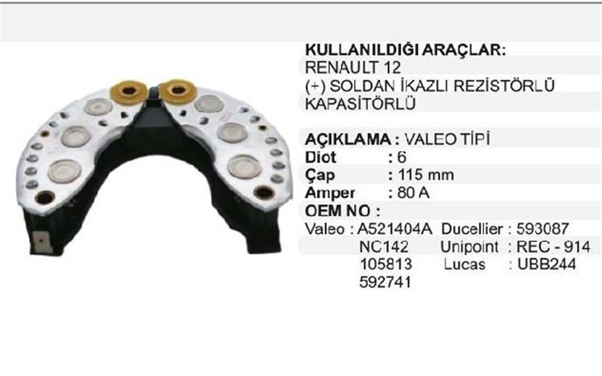 Diyot Tablası Renault 12 Soldan İkazlı Rezistörlü Kapasitörlü
