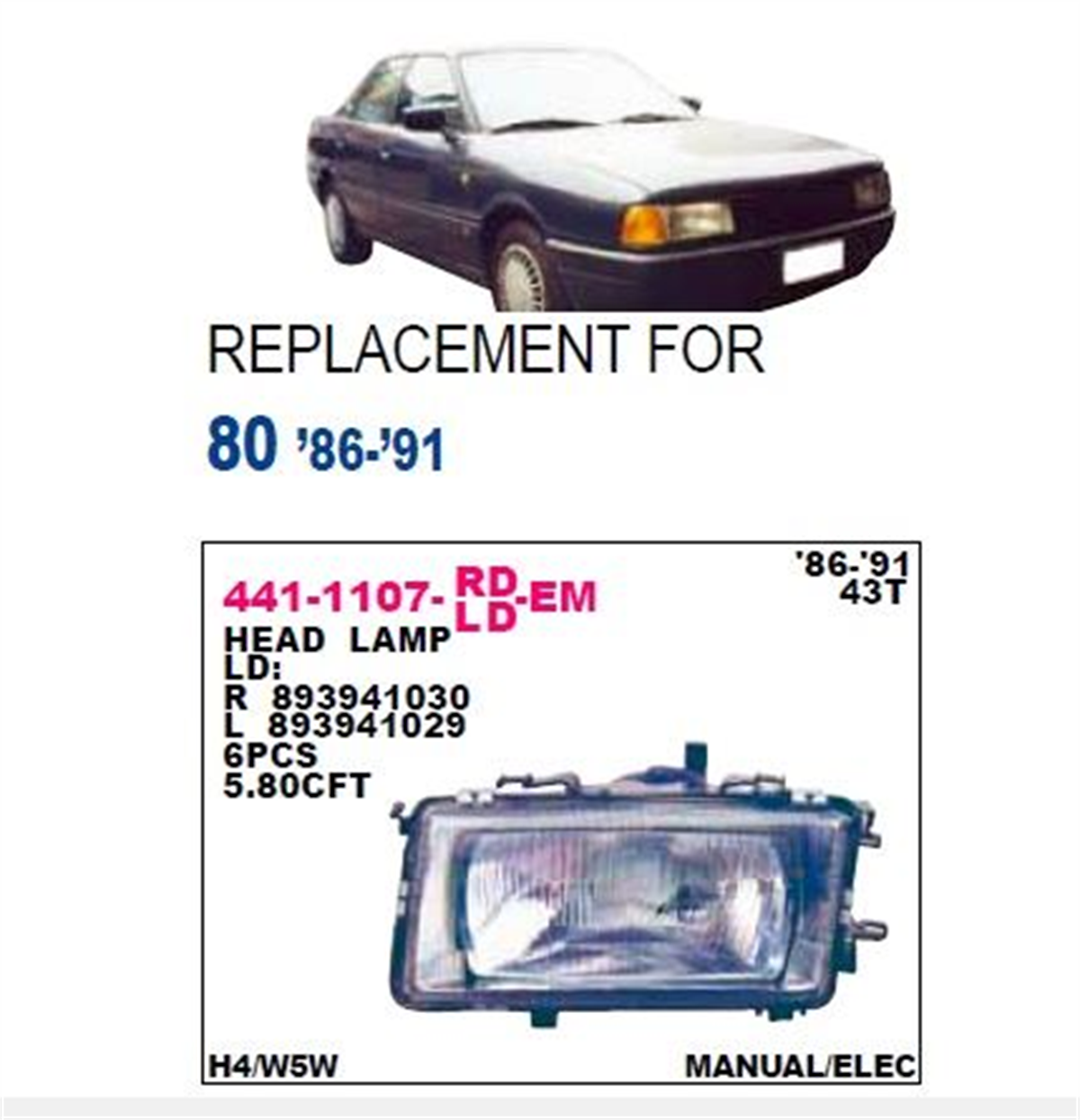 Far Bmc Prof.audi 80/86-91/ÖN SAĞ------441-1107R | DEPO 4411107RLDEM