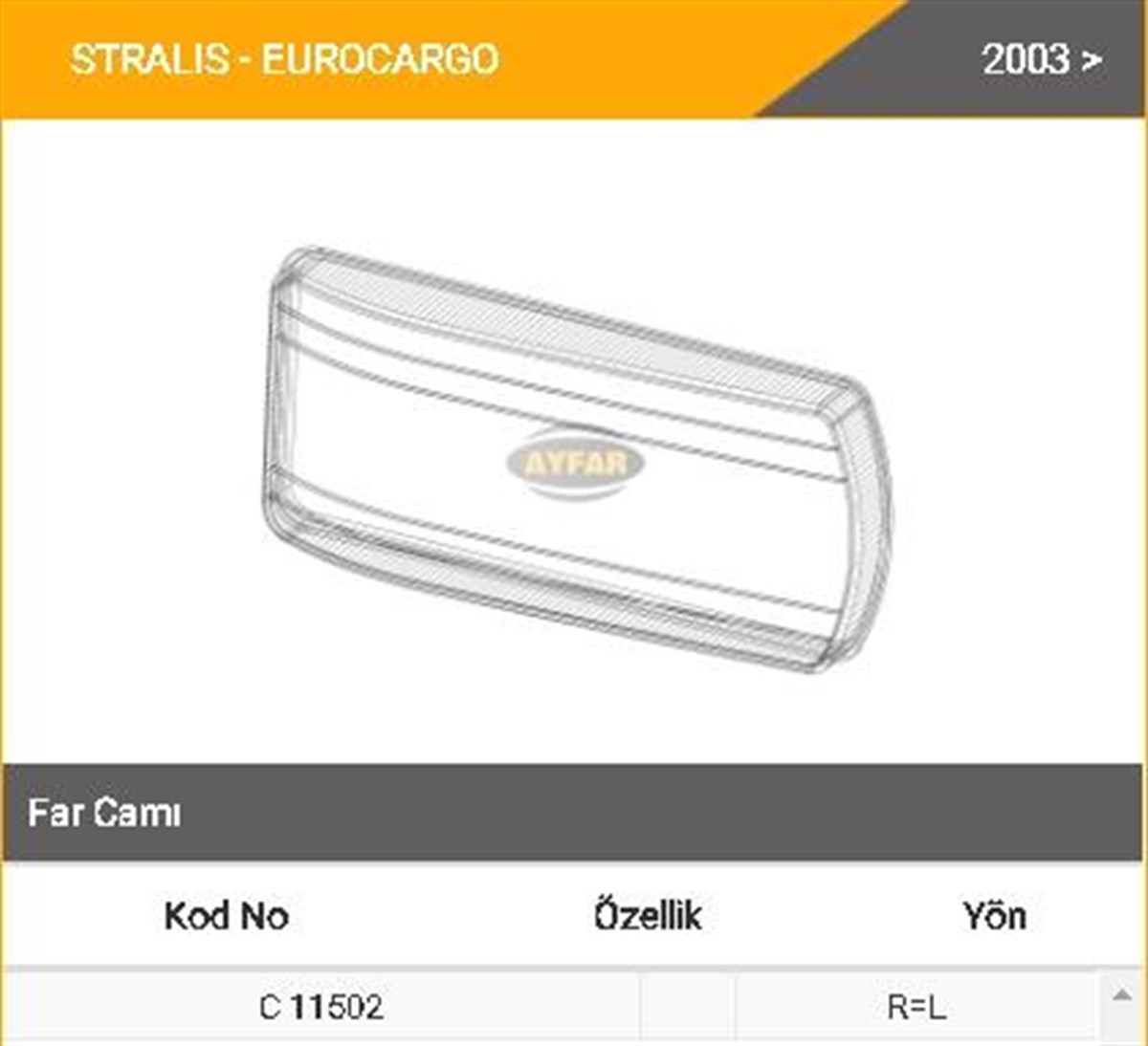 Far Camı Iveco Stralis Tır Sağ Sol Ayfar11502 | Ayfar C11502