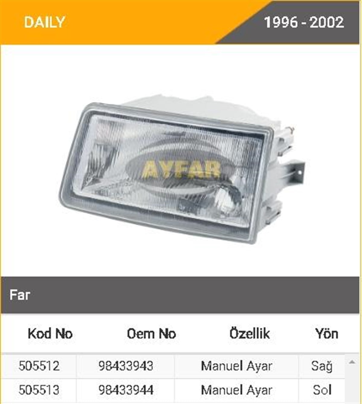 Far Iveco Daıly- Sol- ----/96-02--------505513l | Ayfar 505513