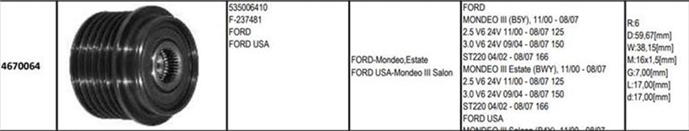 Alt.kasnağı 6KAN Ford Mondeo Hyundai IX35 Kia Sportage Optima | GMP 4670064