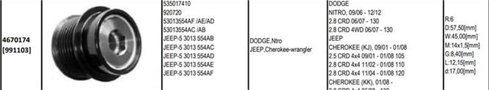 Alt.kasnağı 6KAN Jeep Cherokee Dodge Nıtro Jeep Cherokee II 2.5 Crd/ 2.8 Crd 4x4 920720 920615 6 Kanal Denso | GMP 4670174