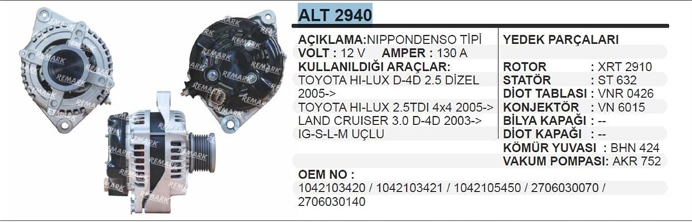 Alternatör 12v 130ah 4fişli Toyota Hılux Land Cruıser Densotip Alt2940 | Ithal T2940
