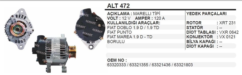 Alternatör 12v 120ah Fıat Doblo Ducato Punto Marea 1.9 | Ithal T472