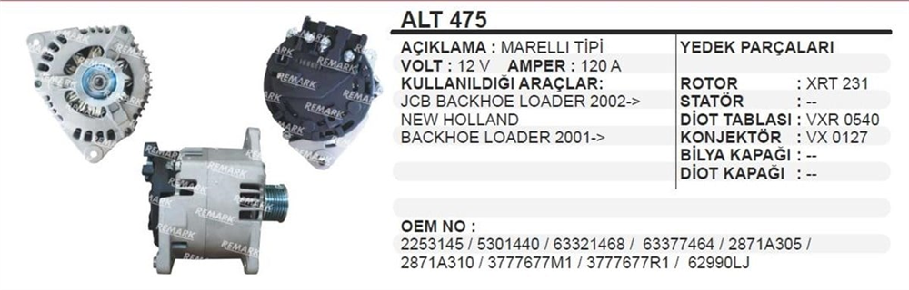 Alternatör 12v 120ah Jcb Newholland  Alt475 | Ithal T475