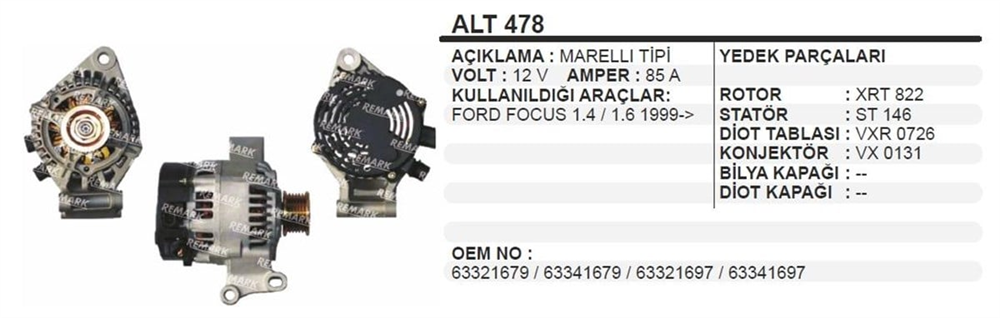 Alternatör 12v 80ah Ford Focus 1.6  Alt478 | Ithal T478