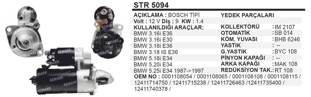 Marş Motoru 12v 9diş Bmw 3-5 Seri 2kulakbosch-0001107442 1986s00674 Str5094 Umm3371 Str2104 | Ith Str2104