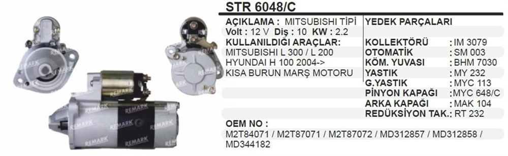 Marş Motoru 12v 10diş Mıtsubıshı L200 Ym Starex 99 | Ith Str6048c
