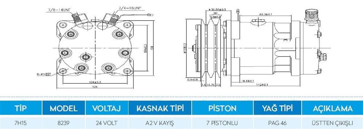 Klima Kompresörü 24V 7H15 2PK V Kayış Üstten Çıkış İnce Kalın 38928239 SANDEN8061 SD8061 42010330 | WUTSE 42010330