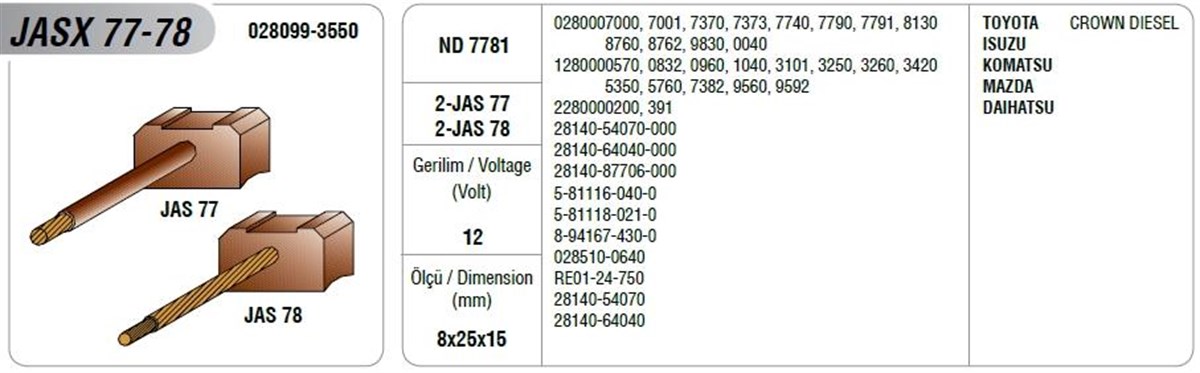 Marş Kömürü 12v 8x25x15 Mazda Isuzu Npr Kia Cerez Ford Ranger Toyota Isuzu Mazda Komatsu | Mega Jasx77/78