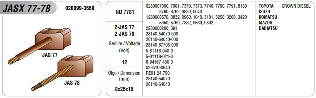 Marş Kömürü 12v 8x25x15 Mazda Isuzu Npr Kia Cerez Ford Ranger Toyota Isuzu Mazda Komatsu | Mega Jasx77/78