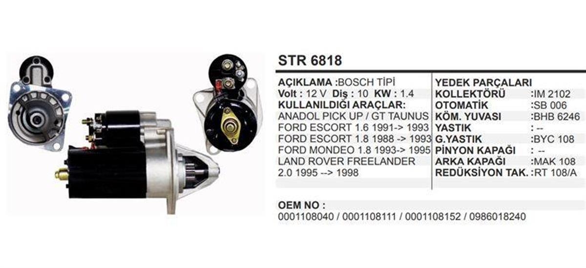 Marş Motoru 12V 10DİŞ Ford Taunus Escort Mondeo P100 Anadol Anadol Land Rover Rower Freelander 2.0 Volant Çapı 89mm | SCHENNA STR6818