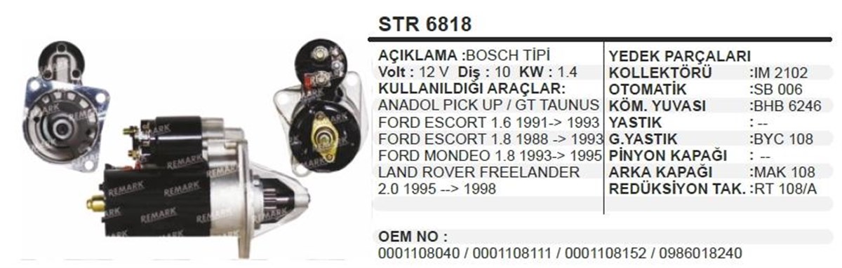 Marş Motoru 12v 10diş Ford Taunus P100 Escort Mondeo Anadol Anadol Land Rover Rower Freelander 2.0 | Dodo Str6818