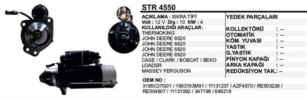 Marş Motoru 12V 10DİŞ Johndeere Termoking Loader Case Calark Bobcat Beko Loader Mf Massey Ferguson | REMARK STR4550