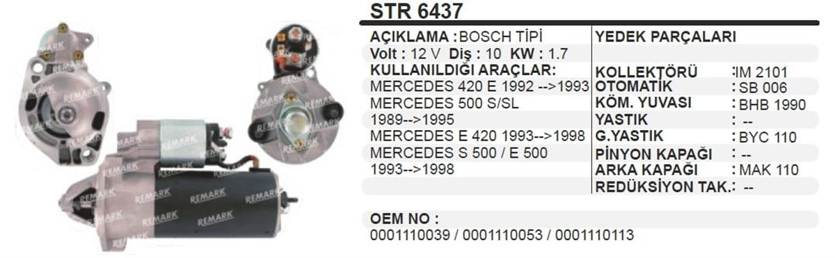 Marş Motoru 12v 10diş Mercedes Benz 280-420 S500 Bosch Tip | Remark Str6437