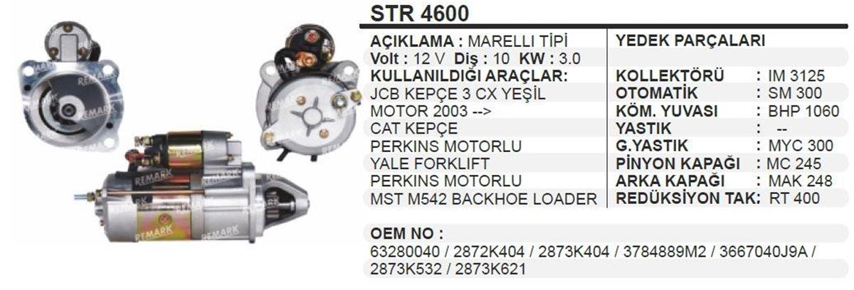 Marş Motoru 12V 10DİŞ Perkins Jcb Mf Cat Yale Forklift (Sağ Takılan) - STR4600 STR4172 STR4168 STR4508 STR18941 | MARTEK STR4600
